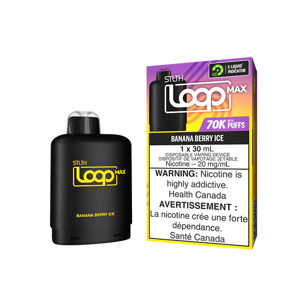 An image of an STLTH Loop Max Banana Berry Ice flavour pod, designed for 70,000 puffs. The sleek, cylindrical vape device features a modern design with a gradient black-coloured finish. The branding and flavour details are clearly visible on the packaging, highlighting the long-lasting capacity and smooth Banana Berry Ice flavour.
