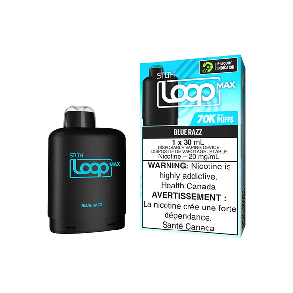An image of an STLTH Loop Max Blue Razz flavour pod, designed for 70,000 puffs. The sleek, cylindrical vape device features a modern design with a gradient black-coloured finish. The branding and flavour details are clearly visible on the packaging, highlighting the long-lasting capacity and smooth Blue Razz flavour.