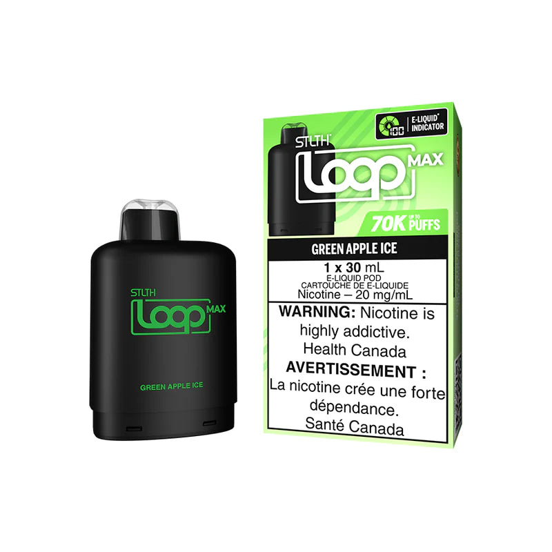 STLTH LOOP MAX vape device and packaging on a white background, Green Apple Ice flavour.