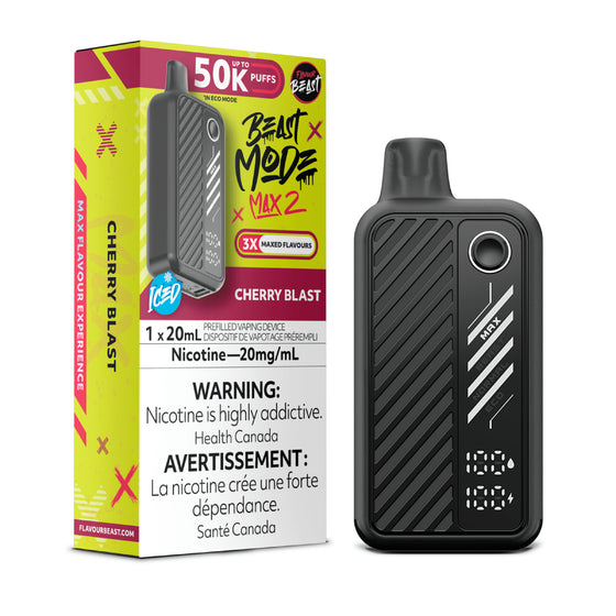 Flavour Beast Beast Mode Max 2 Disposable Vaping Device – Cherry Blast Iced Flavour, up to 50,000 puffs for long-lasting enjoyment.